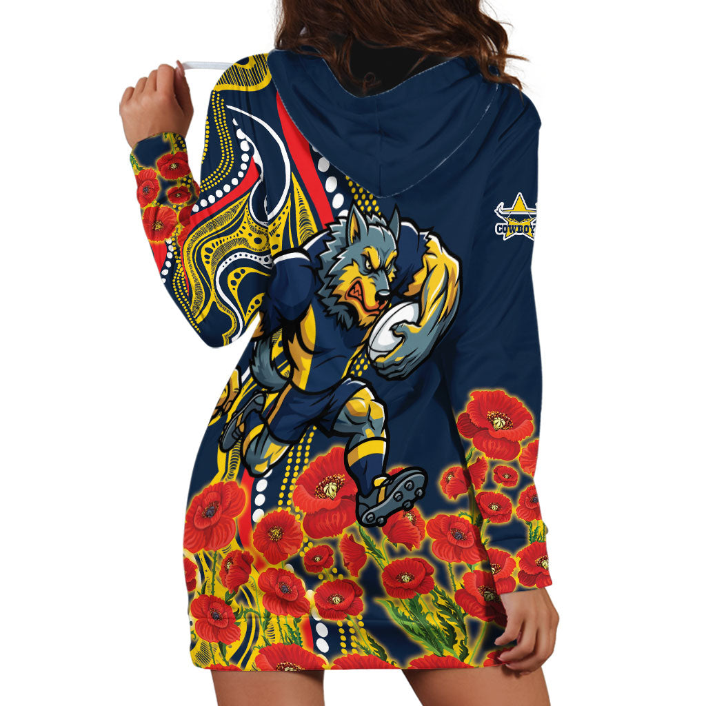 North Queensland Cowboys ANZAC Hoodie Dress Indigenous Wave Poppy Remembrance Cowboy