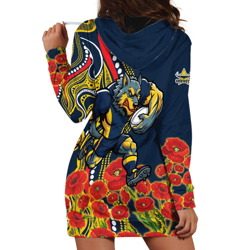 North Queensland Cowboys ANZAC Hoodie Dress Indigenous Wave Poppy Remembrance Cowboy