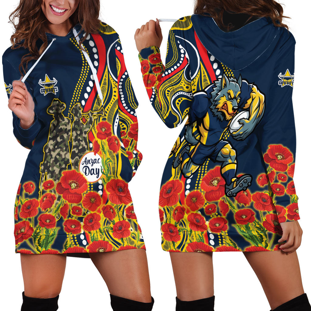 North Queensland Cowboys ANZAC Hoodie Dress Indigenous Wave Poppy Remembrance Cowboy