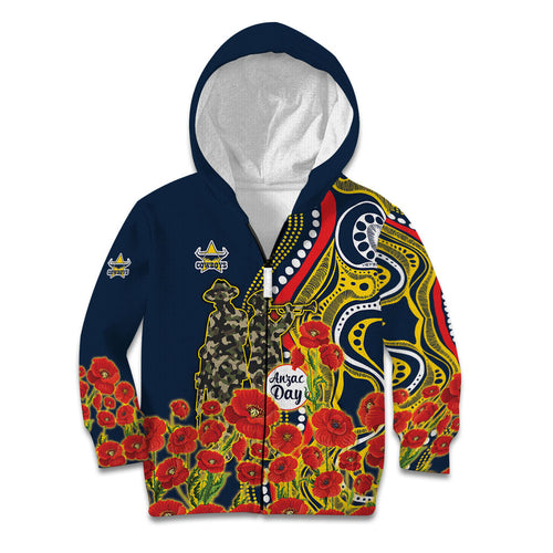 North Queensland Cowboys ANZAC Kid Hoodie Indigenous Wave Poppy Remembrance Cowboy