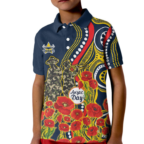 North Queensland Cowboys ANZAC Kid Polo Shirt Indigenous Wave Poppy Remembrance Cowboy