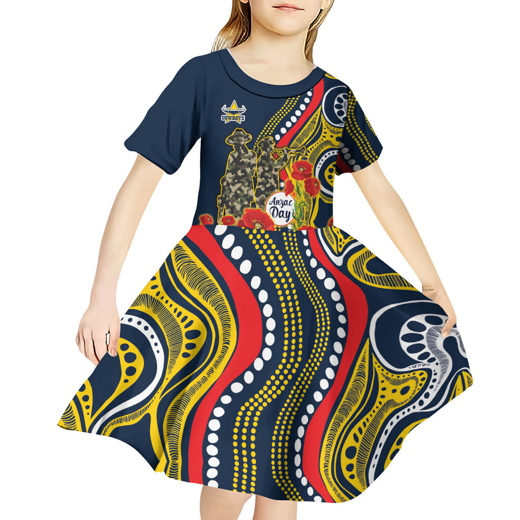 North Queensland Cowboys ANZAC Kid Short Sleeve Dress Indigenous Wave Poppy Remembrance Cowboy