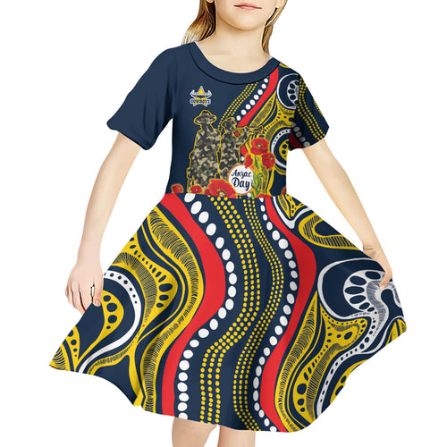 North Queensland Cowboys ANZAC Kid Short Sleeve Dress Indigenous Wave Poppy Remembrance Cowboy