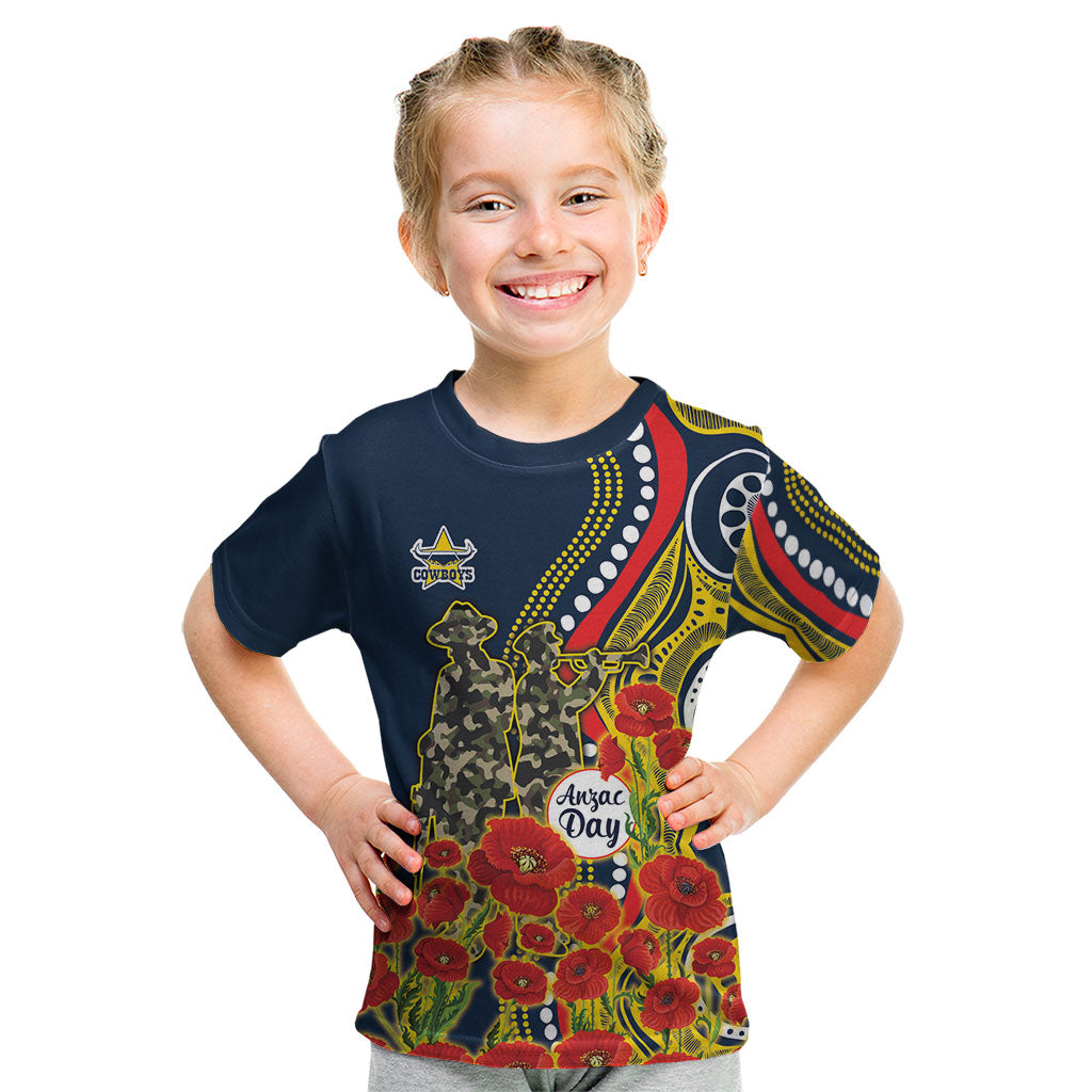 North Queensland Cowboys ANZAC Kid T Shirt Indigenous Wave Poppy Remembrance Cowboy