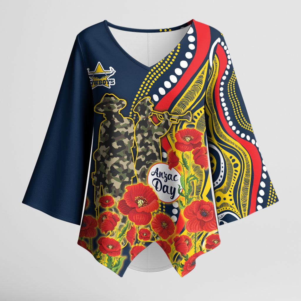 North Queensland Cowboys ANZAC Kimono Sleeve Blouse Indigenous Wave Poppy Remembrance Cowboy