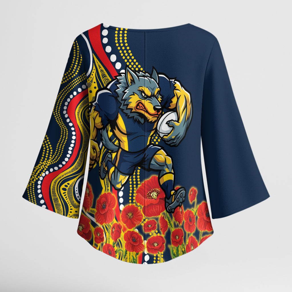 North Queensland Cowboys ANZAC Kimono Sleeve Blouse Indigenous Wave Poppy Remembrance Cowboy