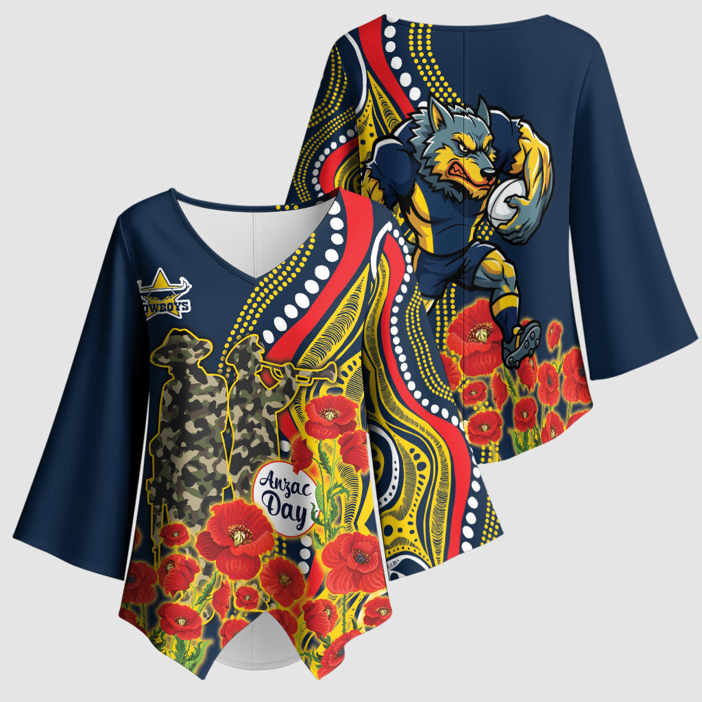 North Queensland Cowboys ANZAC Kimono Sleeve Blouse Indigenous Wave Poppy Remembrance Cowboy