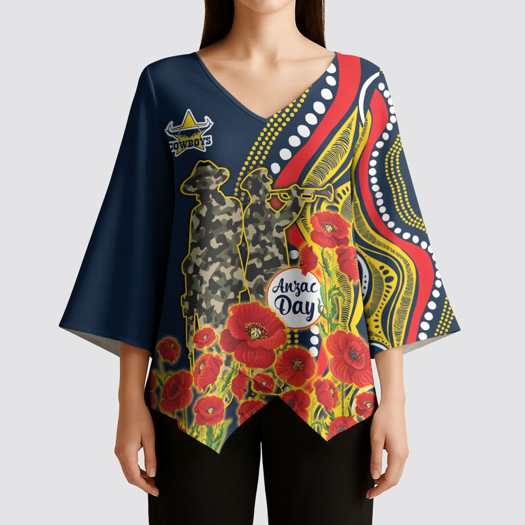 North Queensland Cowboys ANZAC Kimono Sleeve Blouse Indigenous Wave Poppy Remembrance Cowboy