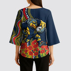 North Queensland Cowboys ANZAC Kimono Sleeve Blouse Indigenous Wave Poppy Remembrance Cowboy