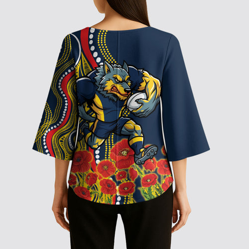 North Queensland Cowboys ANZAC Kimono Sleeve Blouse Indigenous Wave Poppy Remembrance Cowboy