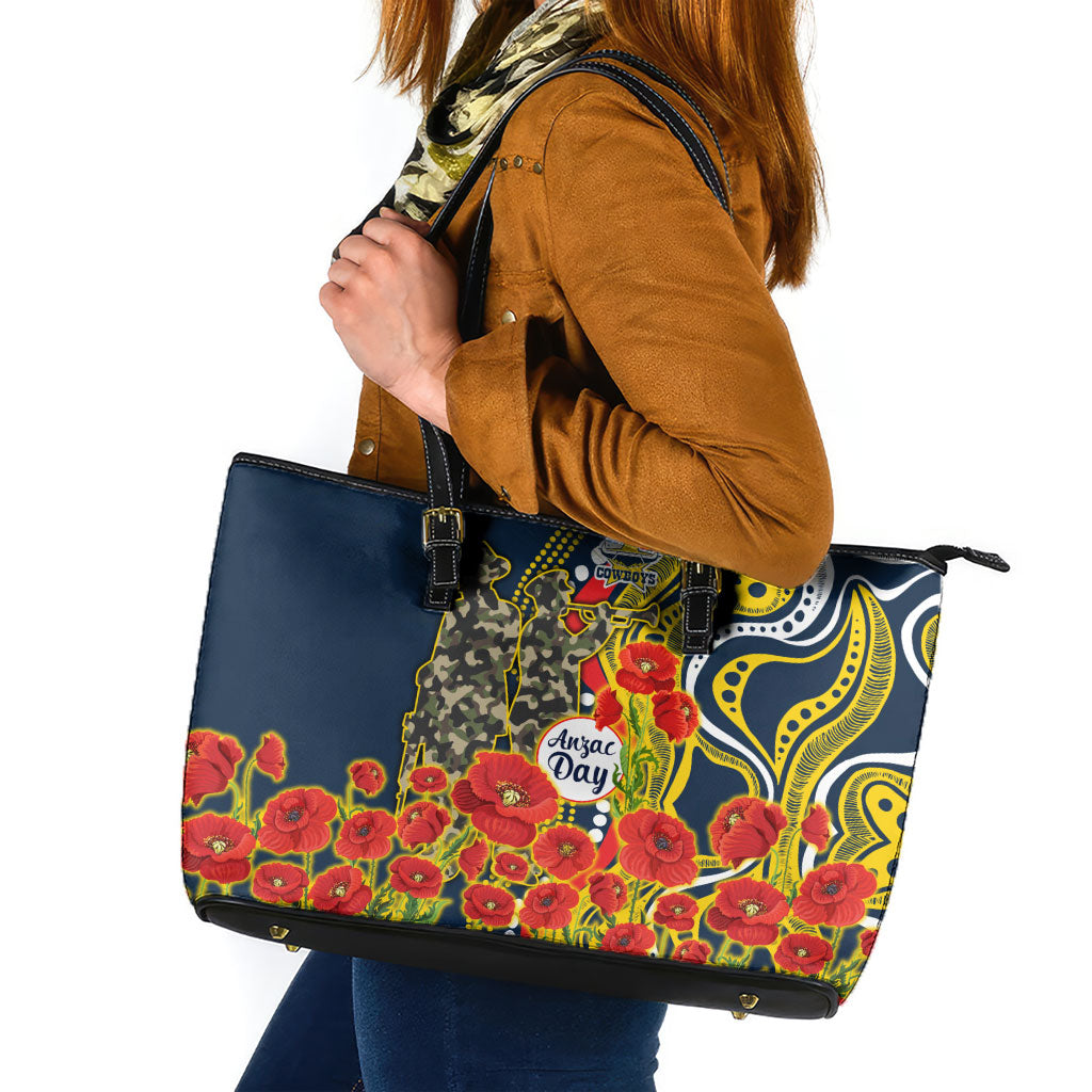 North Queensland Cowboys ANZAC Leather Tote Bag Indigenous Wave Poppy Remembrance Cowboy