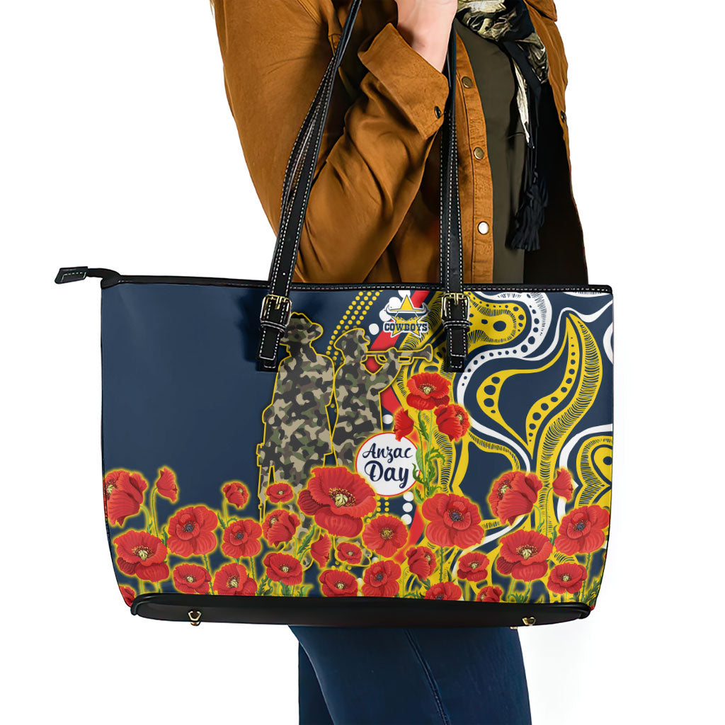 North Queensland Cowboys ANZAC Leather Tote Bag Indigenous Wave Poppy Remembrance Cowboy