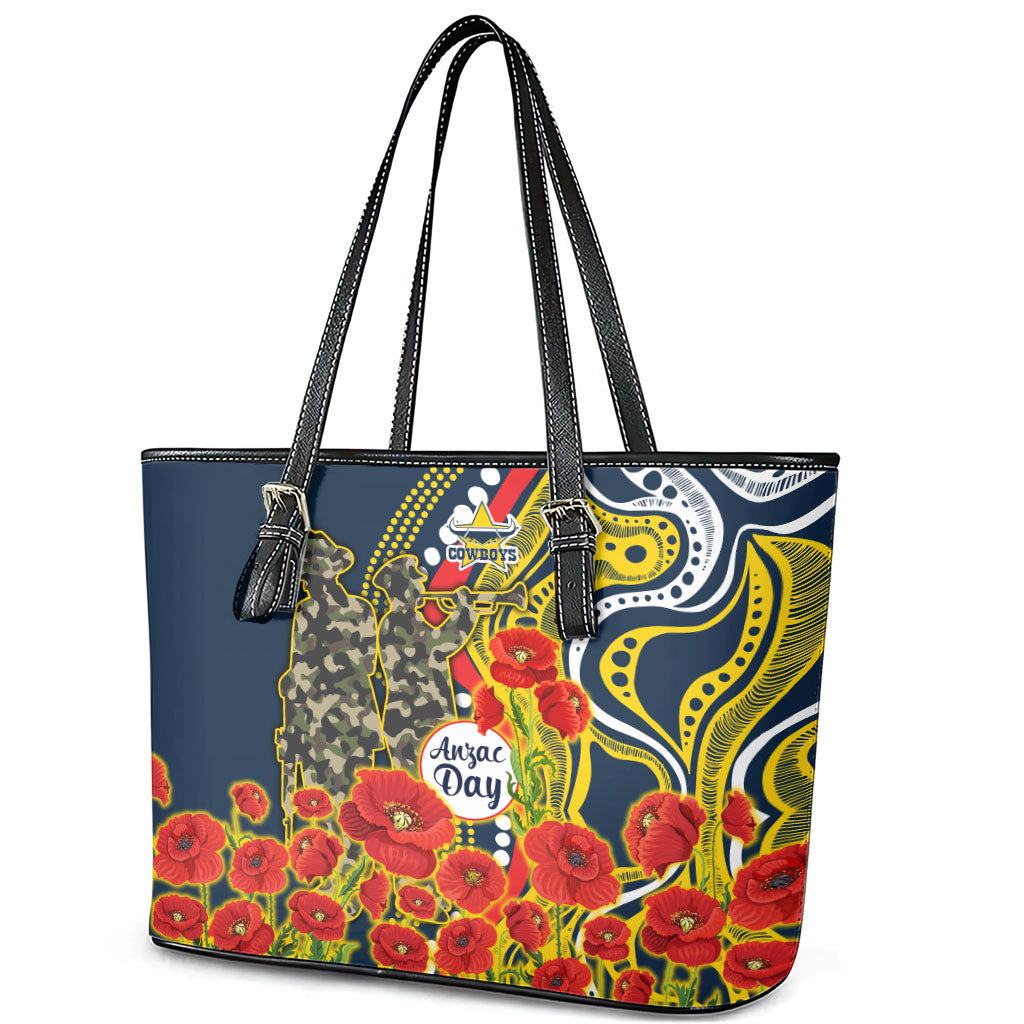 North Queensland Cowboys ANZAC Leather Tote Bag Indigenous Wave Poppy Remembrance Cowboy