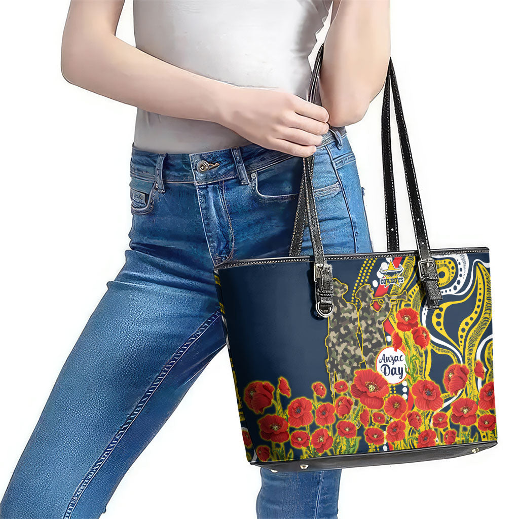 North Queensland Cowboys ANZAC Leather Tote Bag Indigenous Wave Poppy Remembrance Cowboy