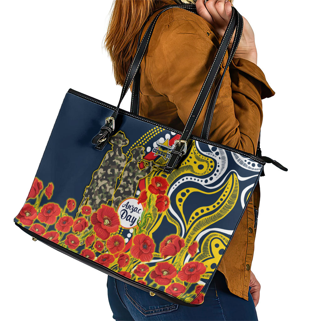 North Queensland Cowboys ANZAC Leather Tote Bag Indigenous Wave Poppy Remembrance Cowboy