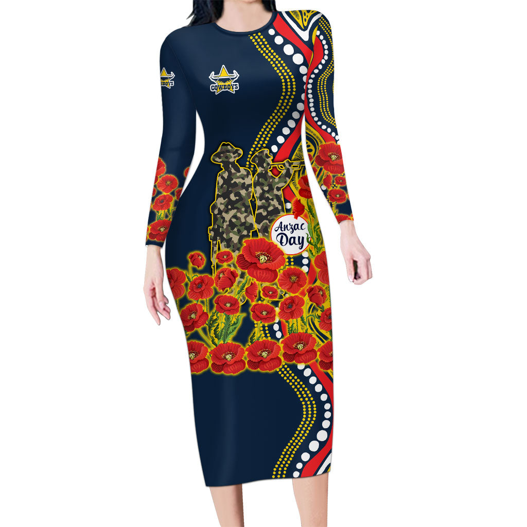 North Queensland Cowboys ANZAC Long Sleeve Bodycon Dress Indigenous Wave Poppy Remembrance Cowboy