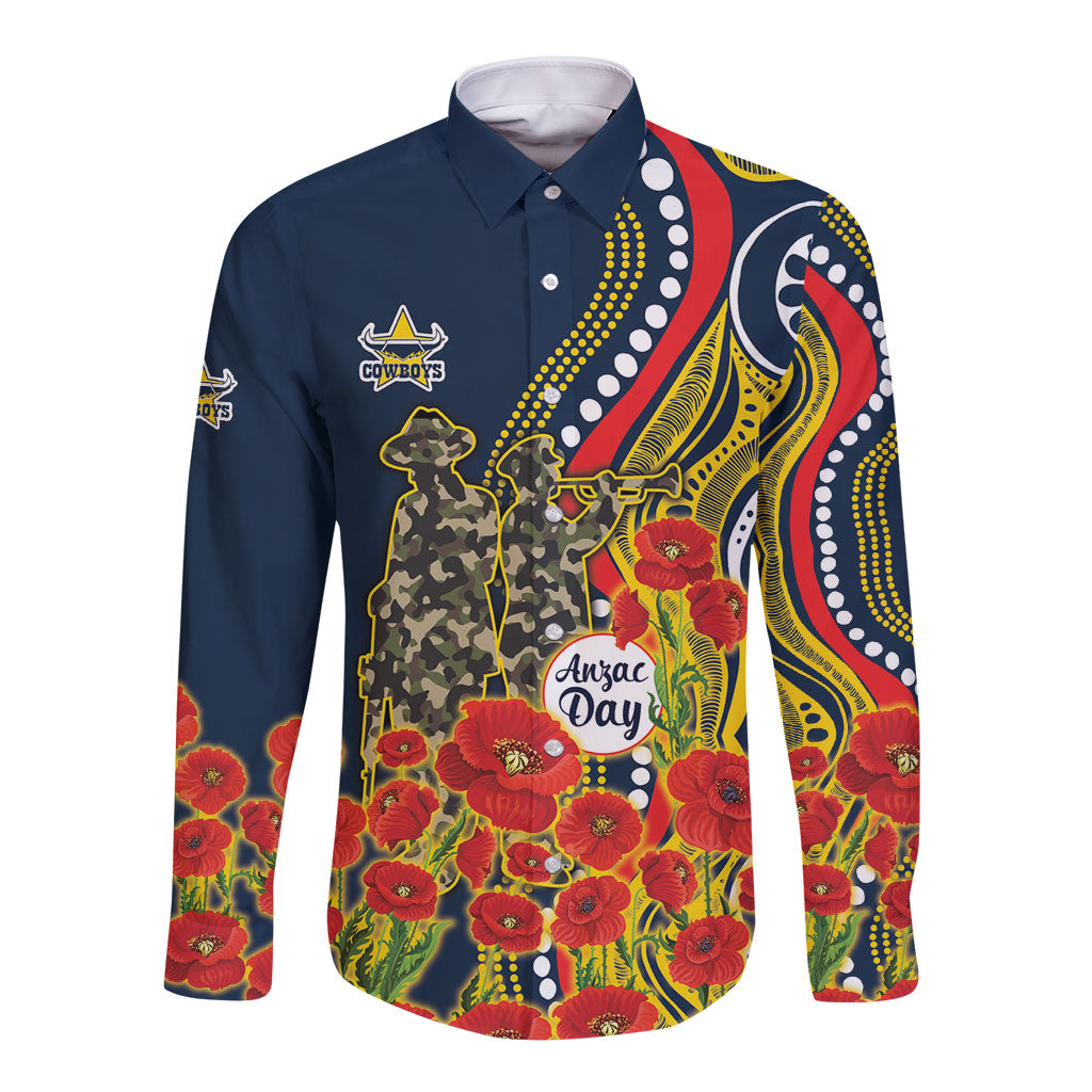 North Queensland Cowboys ANZAC Long Sleeve Button Shirt Indigenous Wave Poppy Remembrance Cowboy