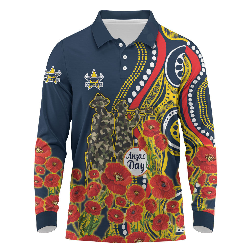 North Queensland Cowboys ANZAC Long Sleeve Polo Shirt Indigenous Wave Poppy Remembrance Cowboy