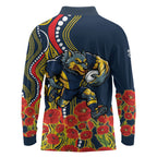 North Queensland Cowboys ANZAC Long Sleeve Polo Shirt Indigenous Wave Poppy Remembrance Cowboy