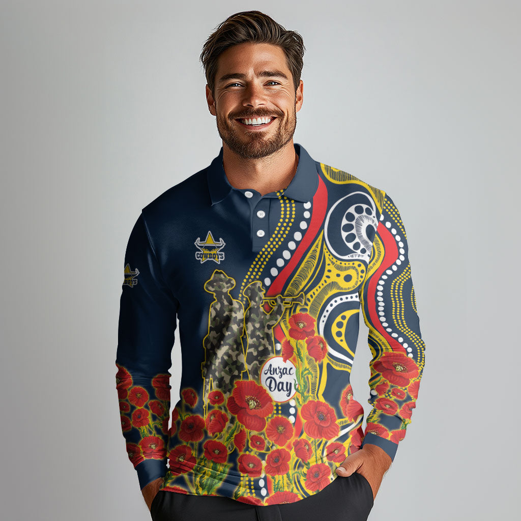 North Queensland Cowboys ANZAC Long Sleeve Polo Shirt Indigenous Wave Poppy Remembrance Cowboy