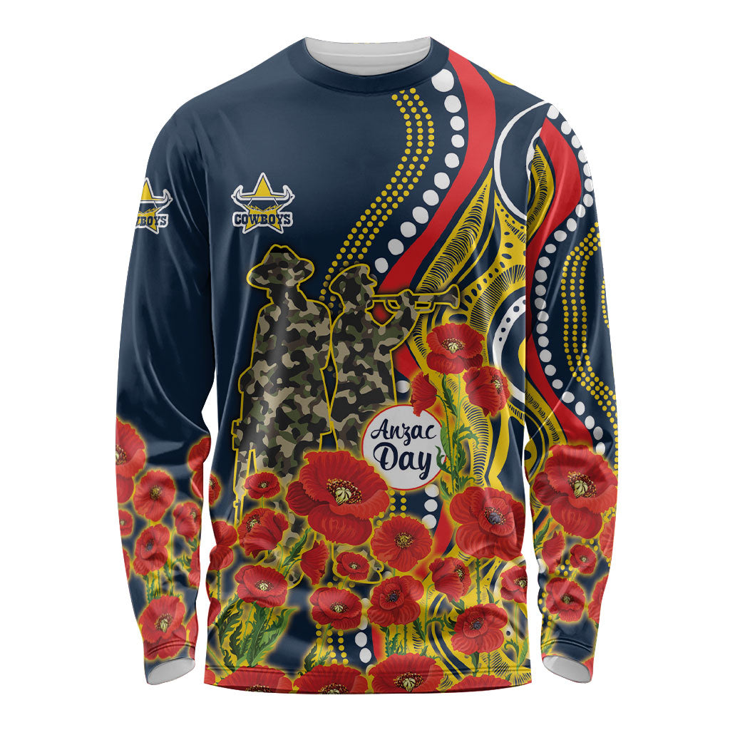 North Queensland Cowboys ANZAC Long Sleeve Shirt Indigenous Wave Poppy Remembrance Cowboy