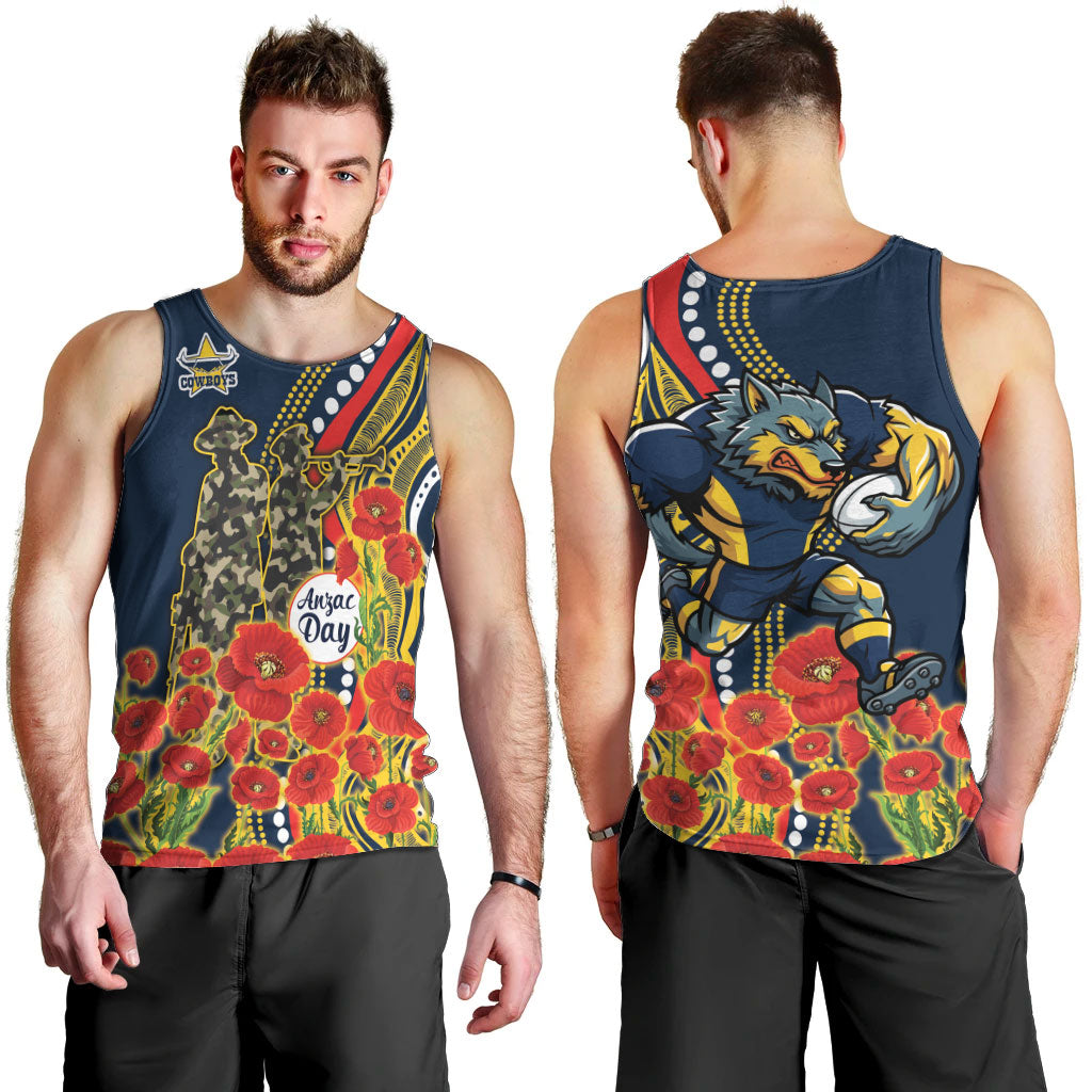 North Queensland Cowboys ANZAC Men Tank Top Indigenous Wave Poppy Remembrance Cowboy