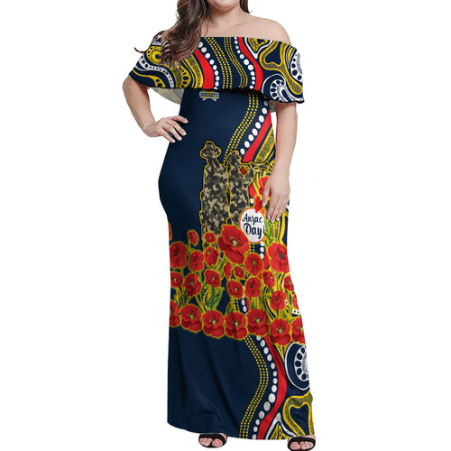 North Queensland Cowboys ANZAC Off Shoulder Maxi Dress Indigenous Wave Poppy Remembrance Cowboy