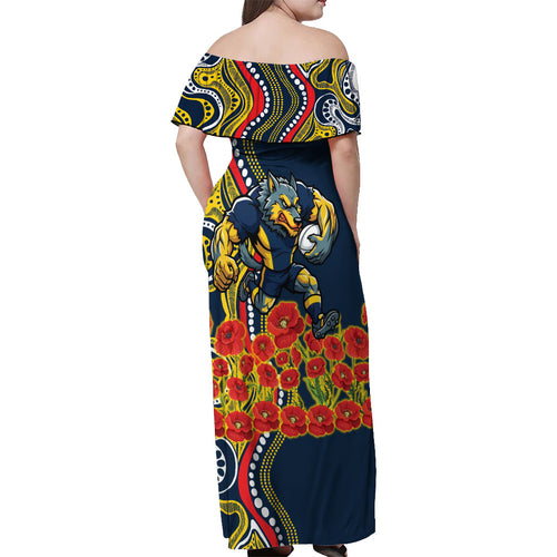 North Queensland Cowboys ANZAC Off Shoulder Maxi Dress Indigenous Wave Poppy Remembrance Cowboy