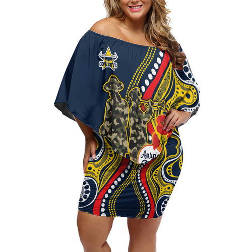 North Queensland Cowboys ANZAC Off Shoulder Short Dress Indigenous Wave Poppy Remembrance Cowboy