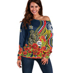 North Queensland Cowboys ANZAC Off Shoulder Sweater Indigenous Wave Poppy Remembrance Cowboy