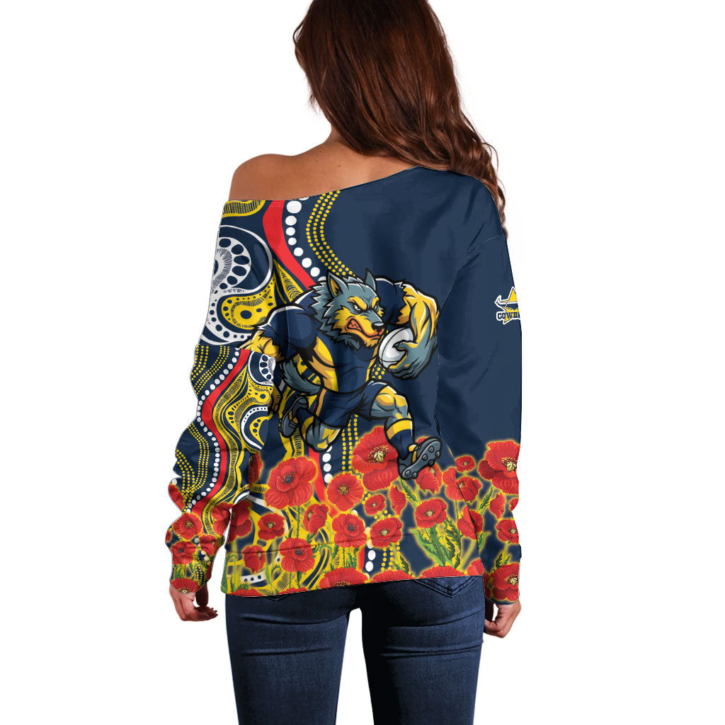 North Queensland Cowboys ANZAC Off Shoulder Sweater Indigenous Wave Poppy Remembrance Cowboy
