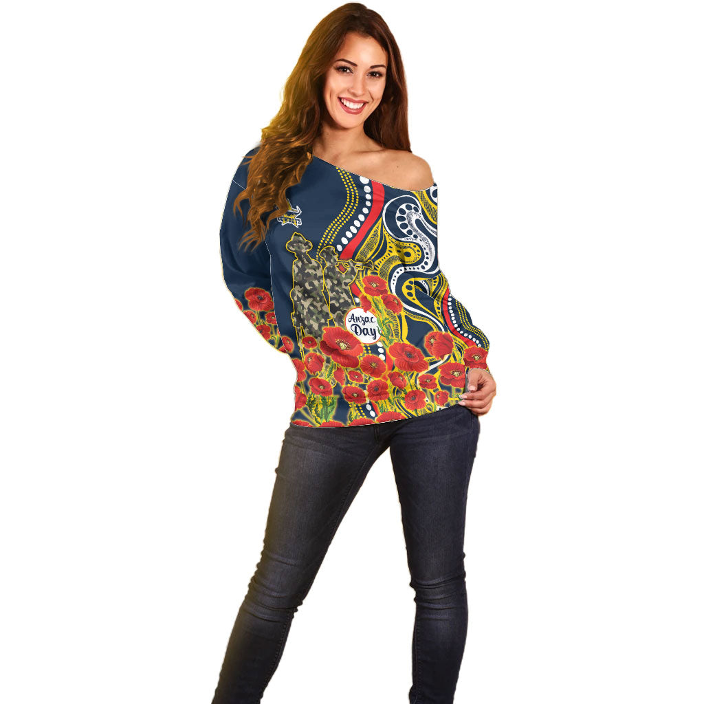 North Queensland Cowboys ANZAC Off Shoulder Sweater Indigenous Wave Poppy Remembrance Cowboy