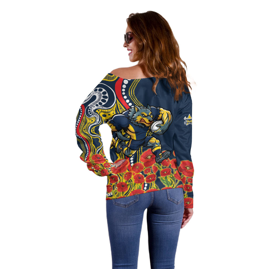 North Queensland Cowboys ANZAC Off Shoulder Sweater Indigenous Wave Poppy Remembrance Cowboy