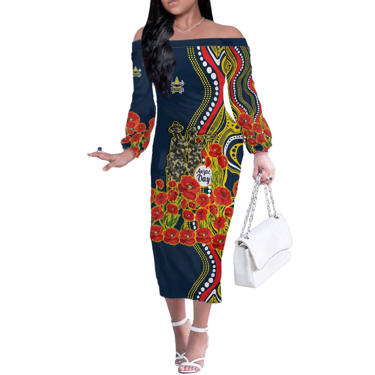 North Queensland Cowboys ANZAC Off The Shoulder Long Sleeve Dress Indigenous Wave Poppy Remembrance Cowboy