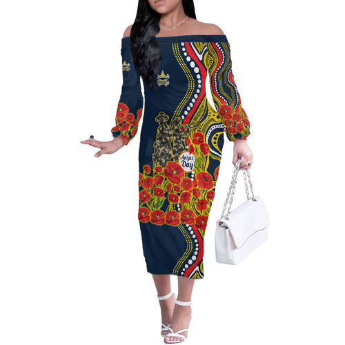North Queensland Cowboys ANZAC Off The Shoulder Long Sleeve Dress Indigenous Wave Poppy Remembrance Cowboy