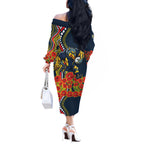 North Queensland Cowboys ANZAC Off The Shoulder Long Sleeve Dress Indigenous Wave Poppy Remembrance Cowboy