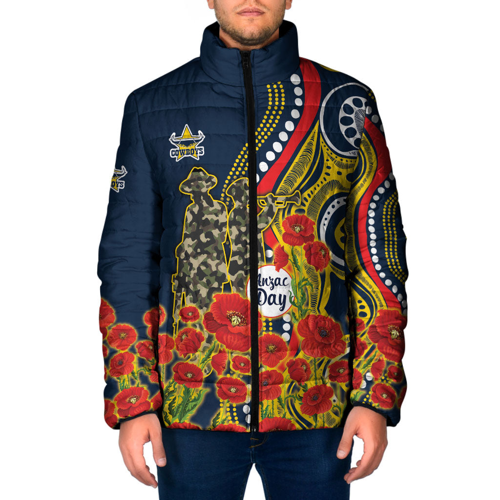 North Queensland Cowboys ANZAC Padded Jacket Indigenous Wave Poppy Remembrance Cowboy