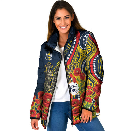 North Queensland Cowboys ANZAC Padded Jacket Indigenous Wave Poppy Remembrance Cowboy
