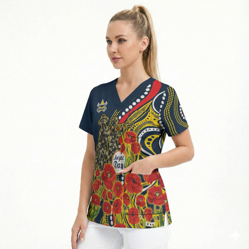 North Queensland Cowboys ANZAC Scrub Top Indigenous Wave Poppy Remembrance Cowboy