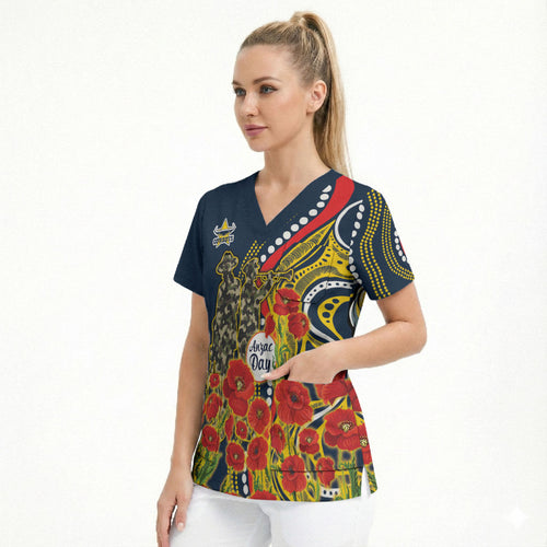 North Queensland Cowboys ANZAC Scrub Top Indigenous Wave Poppy Remembrance Cowboy