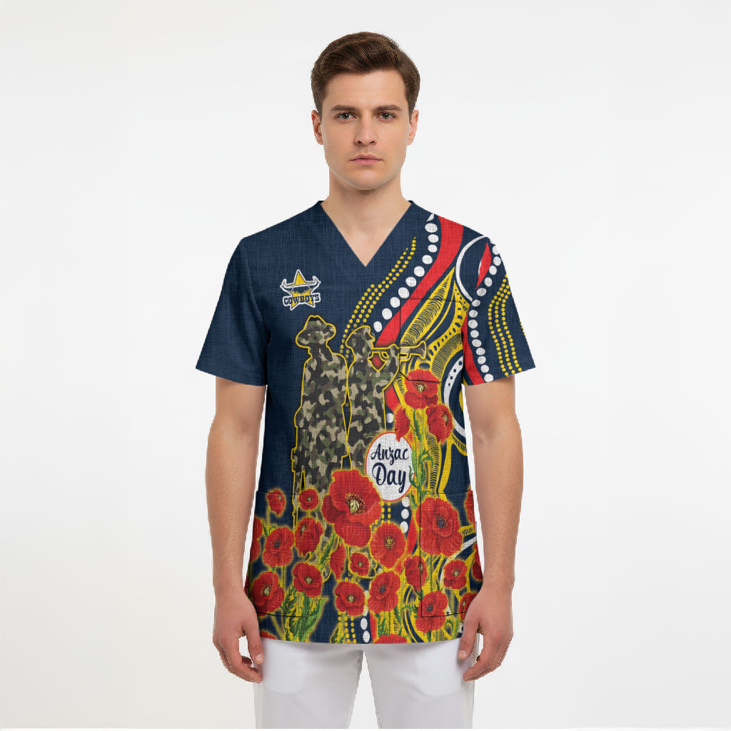North Queensland Cowboys ANZAC Scrub Top Indigenous Wave Poppy Remembrance Cowboy