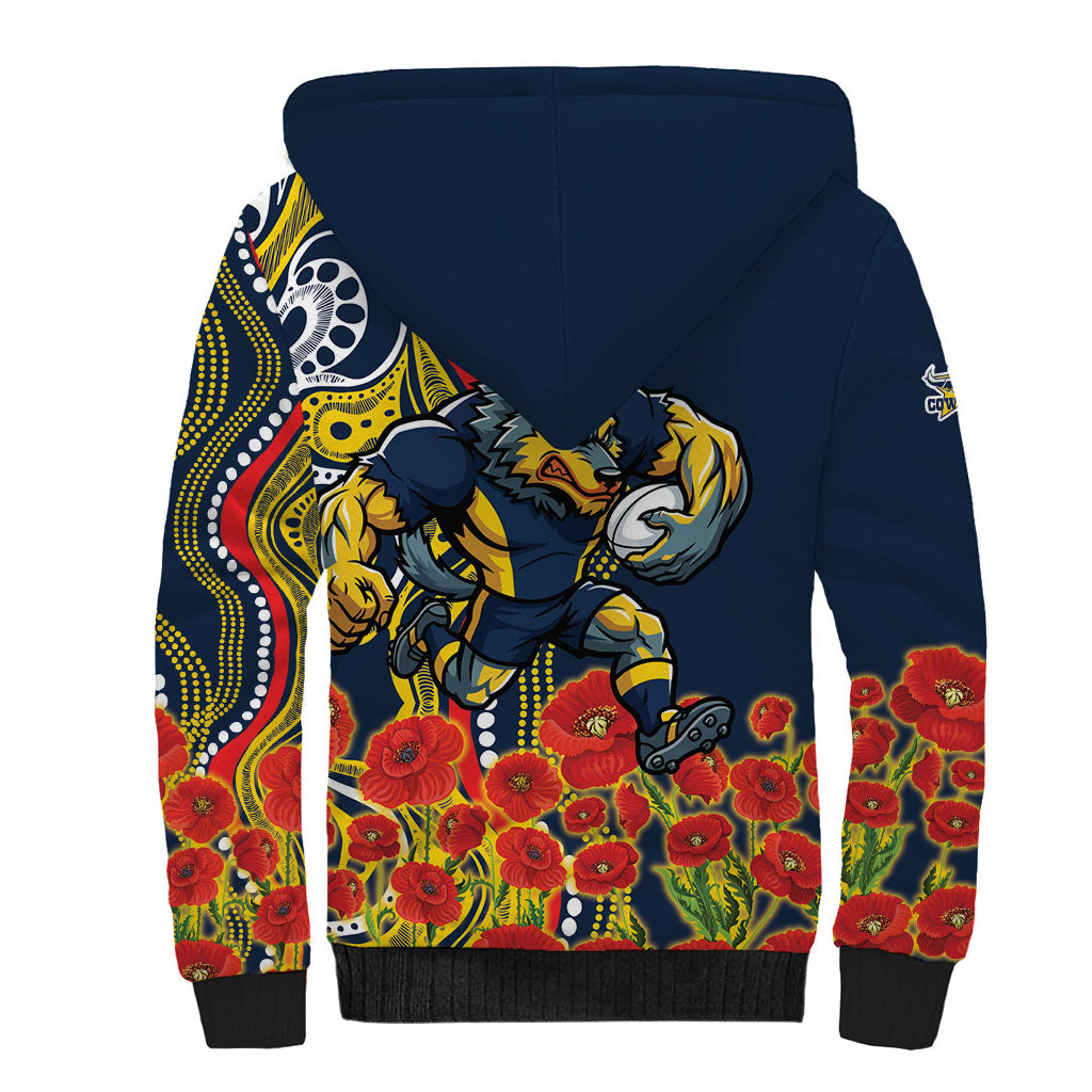 North Queensland Cowboys ANZAC Sherpa Hoodie Indigenous Wave Poppy Remembrance Cowboy