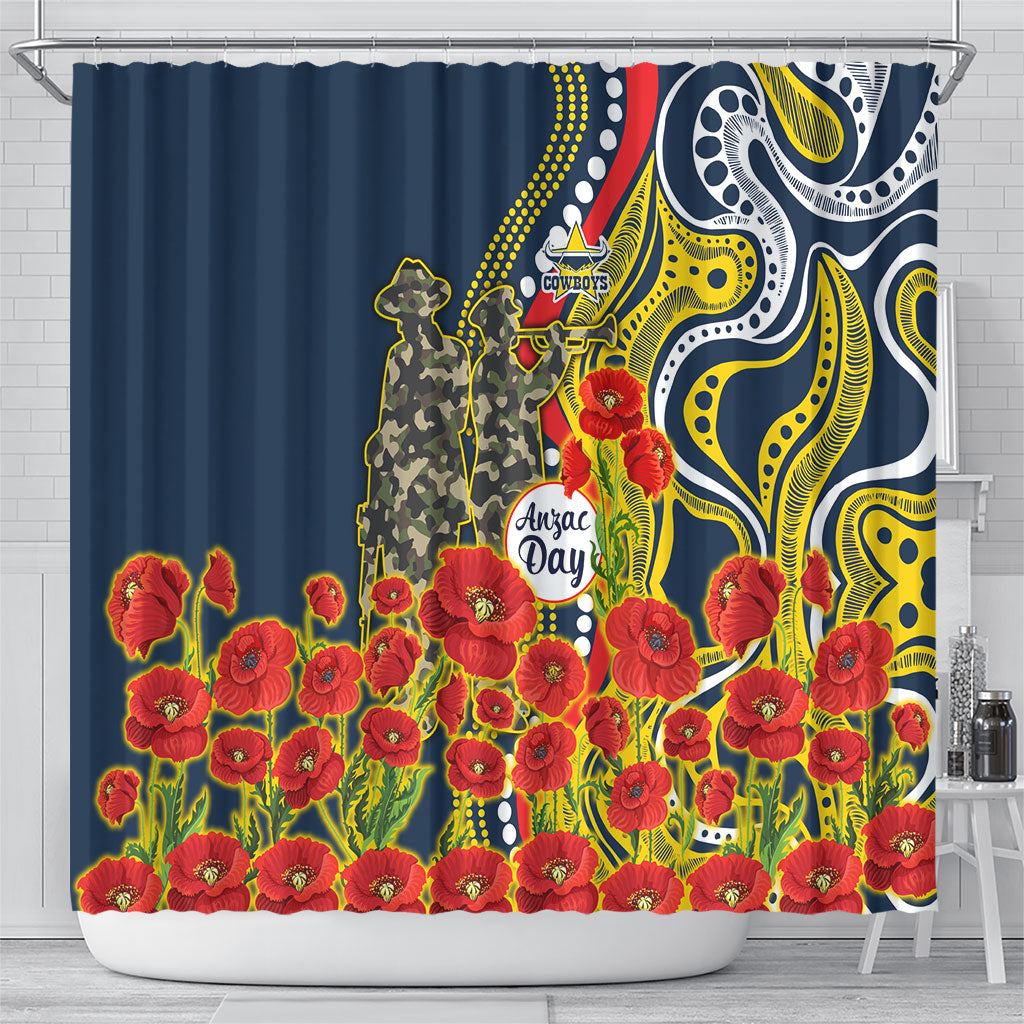 North Queensland Cowboys ANZAC Shower Curtain Indigenous Wave Poppy Remembrance Cowboy
