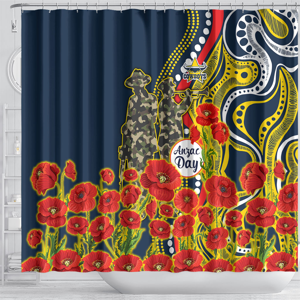 North Queensland Cowboys ANZAC Shower Curtain Indigenous Wave Poppy Remembrance Cowboy