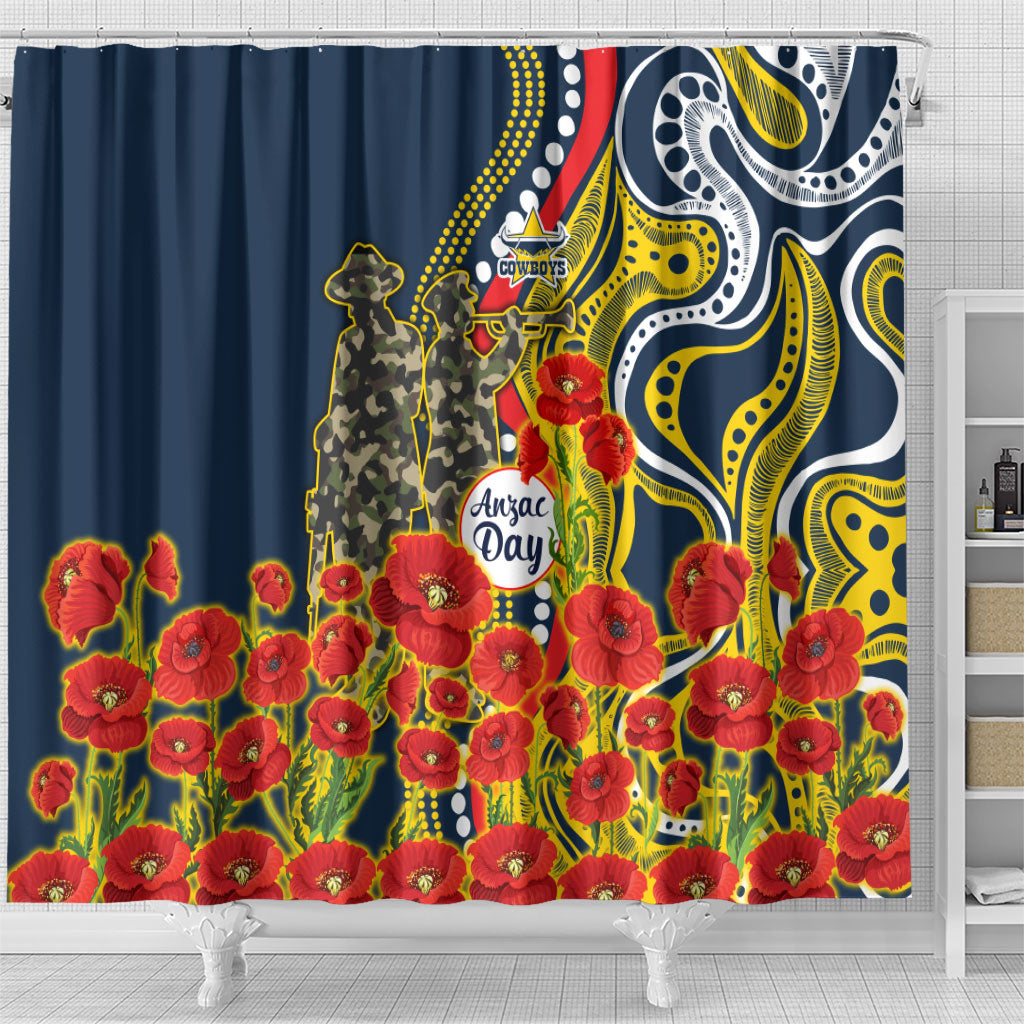 North Queensland Cowboys ANZAC Shower Curtain Indigenous Wave Poppy Remembrance Cowboy