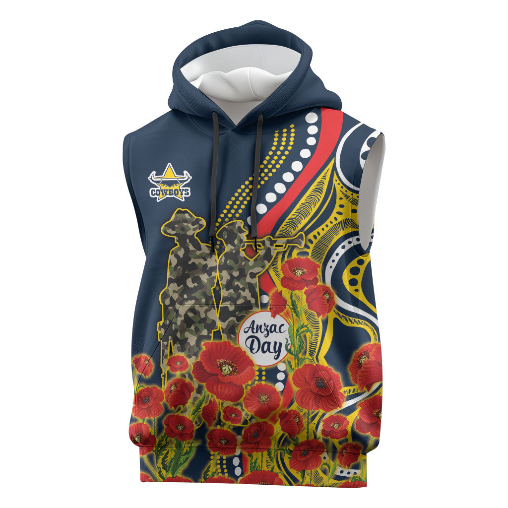 North Queensland Cowboys ANZAC Sleeveless Hoodie Indigenous Wave Poppy Remembrance Cowboy
