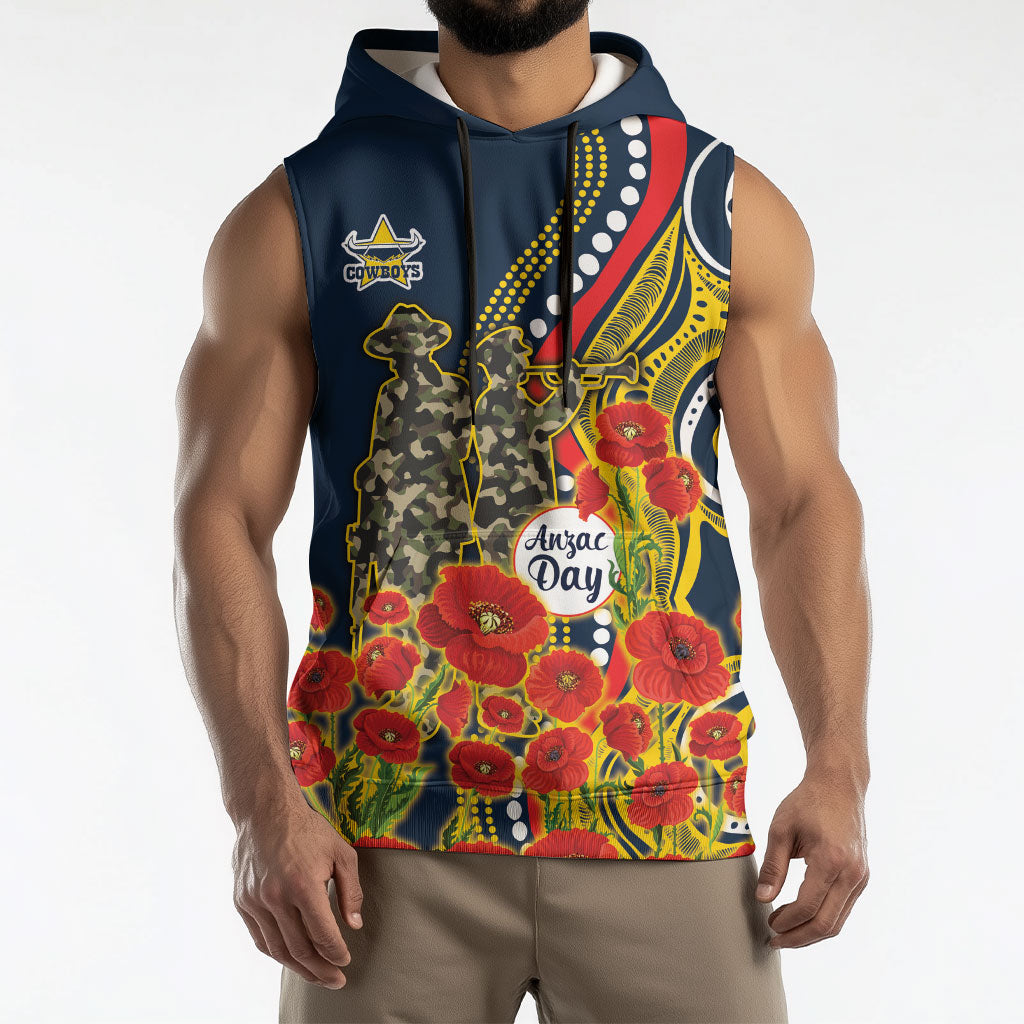 North Queensland Cowboys ANZAC Sleeveless Hoodie Indigenous Wave Poppy Remembrance Cowboy