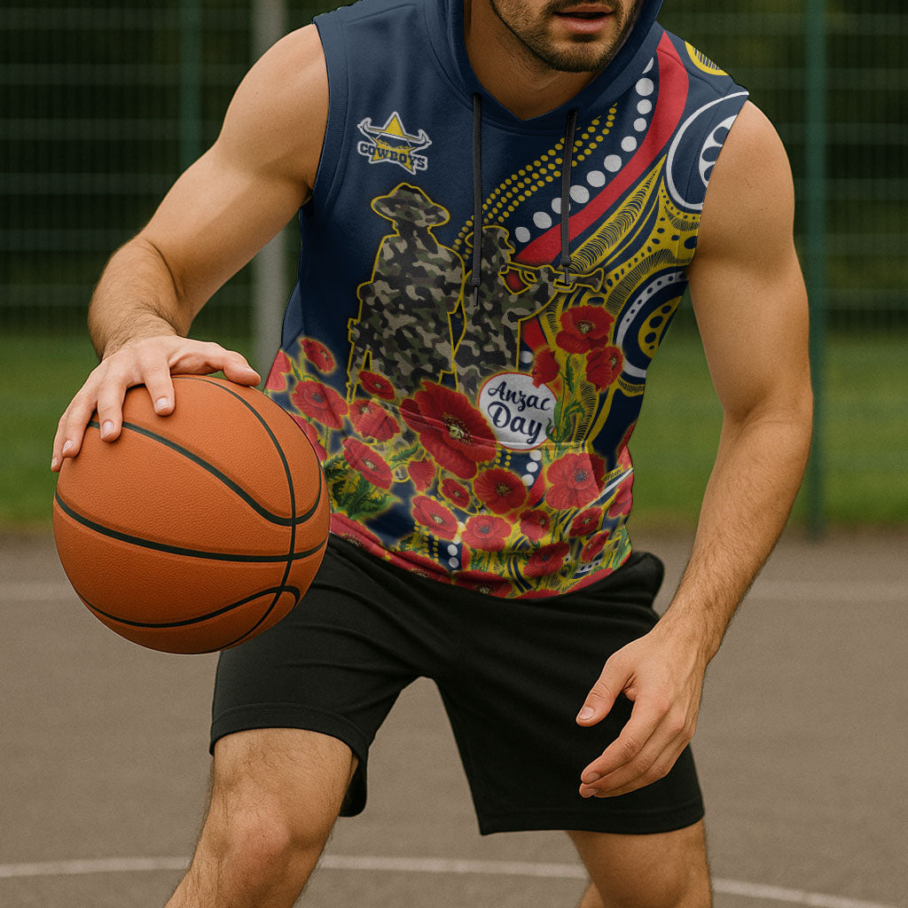 North Queensland Cowboys ANZAC Sleeveless Hoodie Indigenous Wave Poppy Remembrance Cowboy