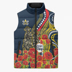 North Queensland Cowboys ANZAC Sleeveless Puffer Jacket Indigenous Wave Poppy Remembrance Cowboy