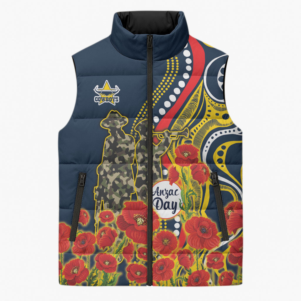North Queensland Cowboys ANZAC Sleeveless Puffer Jacket Indigenous Wave Poppy Remembrance Cowboy